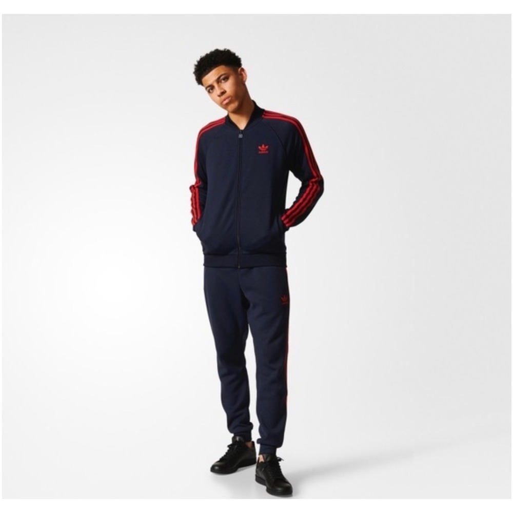 Adidas Originals Superstar Track Jacket and pant set Mens Navy Blue Red‎ Stripes